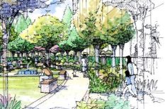 "Landscape garden showing the foot path, lawn area, benches, water feature and pavilion on background. This sketch created, drawn in pen and marker by the photographer."